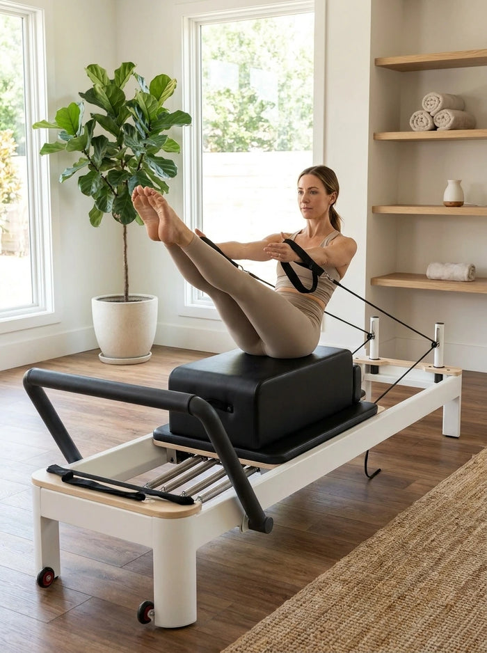 Lifestyle photo of Pilates Reformer Machine, Pilates Bed with Sitting Box, for Home Gym Studio Advanced Users & Beginners, Reformer Equipment with Dual Resistance- Spring & Cord, up to 400 LBS