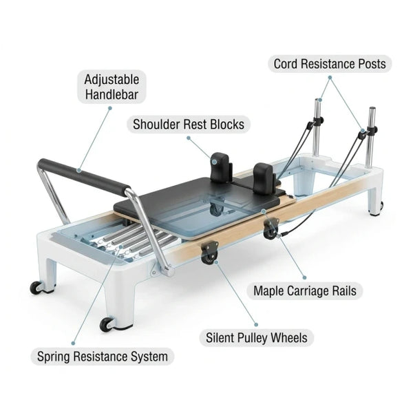 Pilates Reformer Machine Built for Home Studios, 400 LB Capacity, Aluminum Frame, 6 Spring Resistance